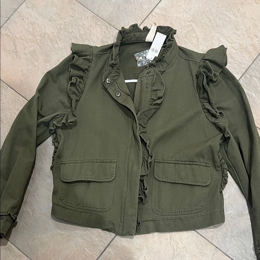 Anthropologie Olive Ruffle Jacket with tags-NWT